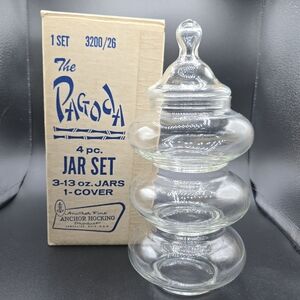VTG Anchor Hocking Pagoda 3200/26 Stackable 4 Pc Glass Jar Set w/Original Box